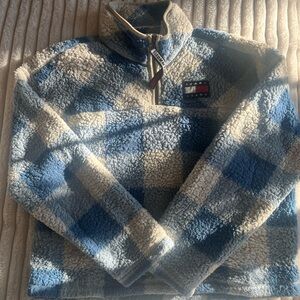 Tommy Hilfiger Blue and White Checkered Fleece Pullover